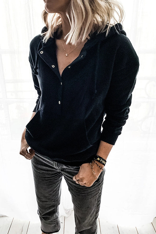 Solid Button Drawstring Hoodie