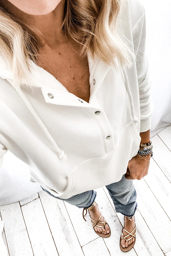 Solid Button Drawstring Hoodie