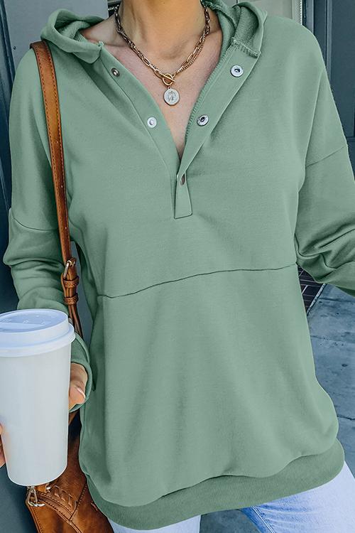 Solid Button Drawstring Hoodie