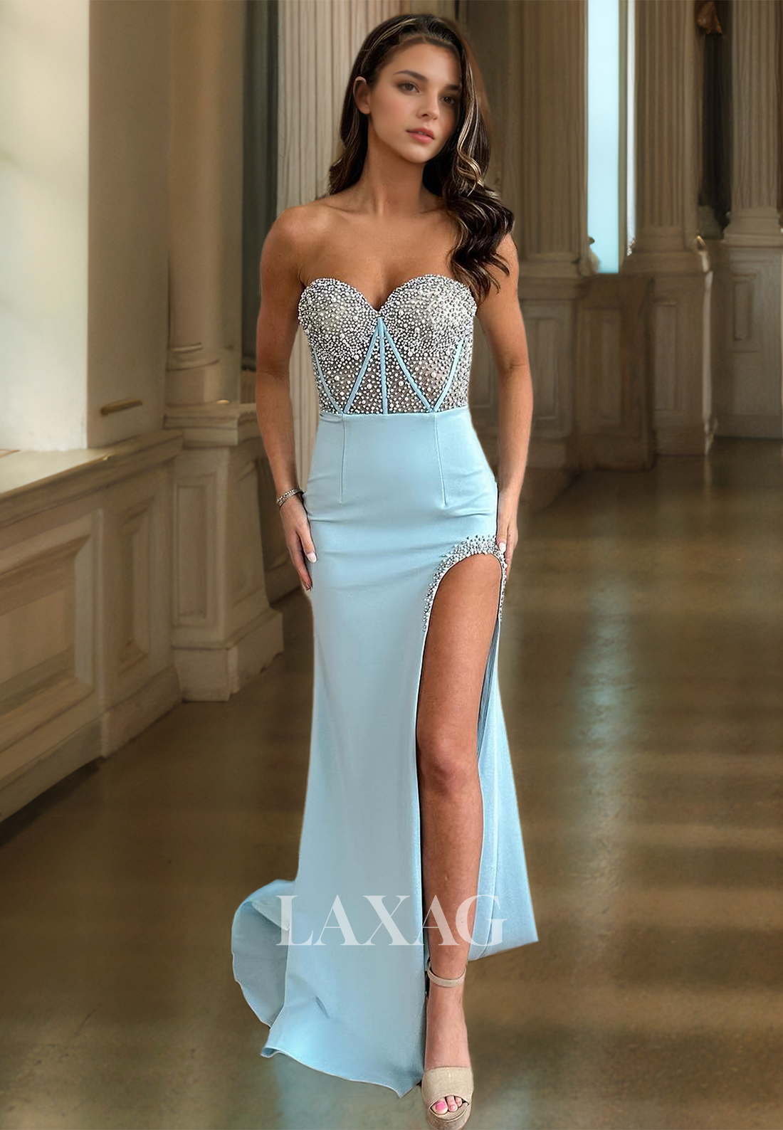 Sleeveless Sweetheart Satin Fitted Prom Dress Beaded High Slit Party Gowns with Sweep Train