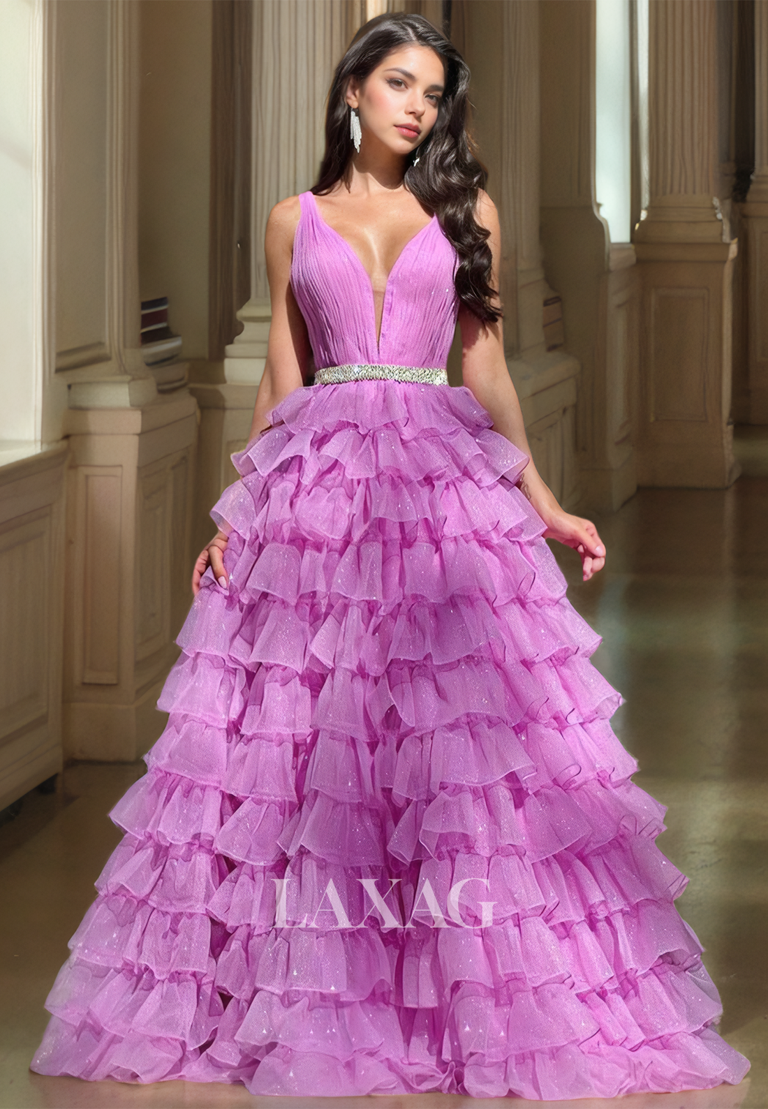 Deep V-Neck Sleeveless Spaghetti Straps A-Line Prom Dress Glitter-Knit Pleated Beaded Party Dress