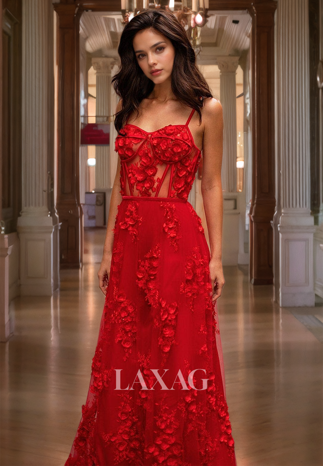 D Flower Tulle Dress Sweetheart Illusion Spaghetti Straps A-Line Prom Dress