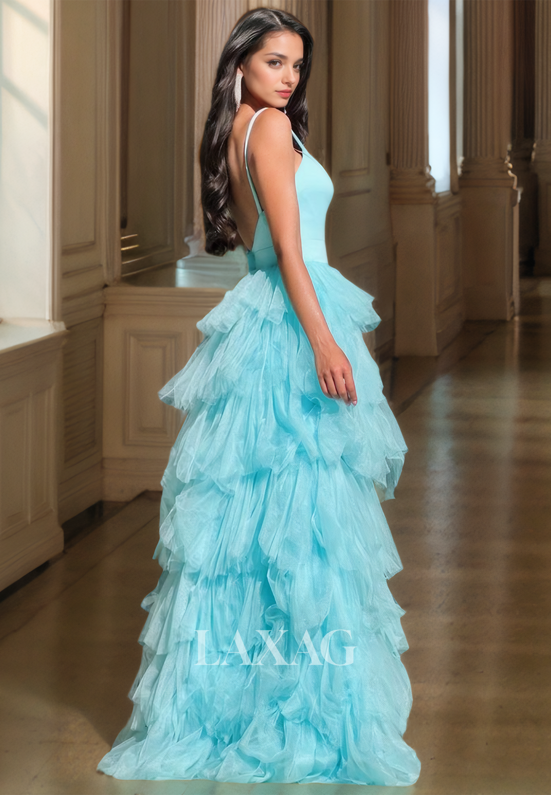 Spaghetti Straps Off-Shoulder Pleated A-Line Prom Dress Deep V-Neck Sleeveless High Slit Formal Gowns