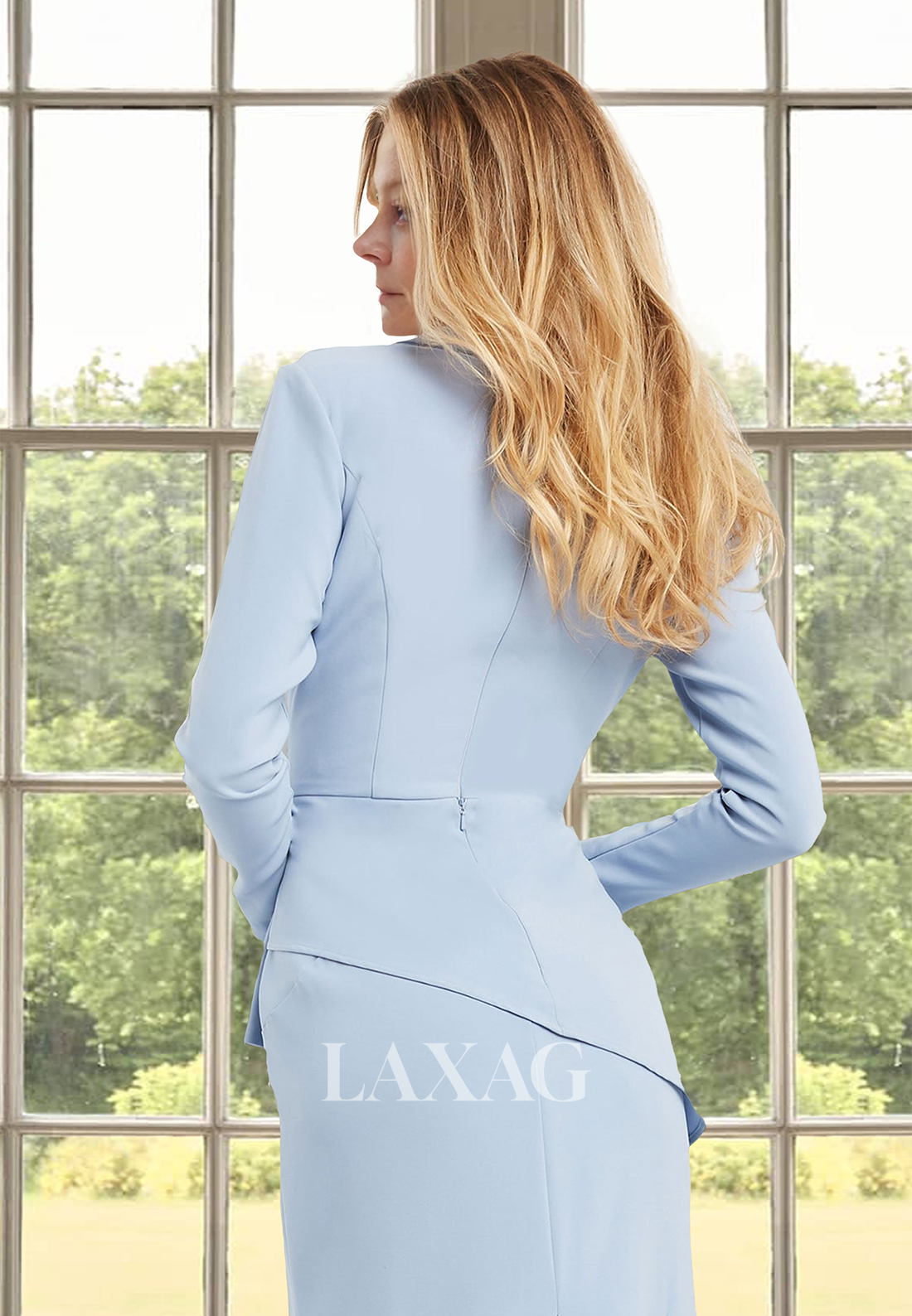 Deep V-Neck Long-Sleeves Satin Cocktail Gowns Pleated Floor Length Mermaid Mother of the Bride Dress