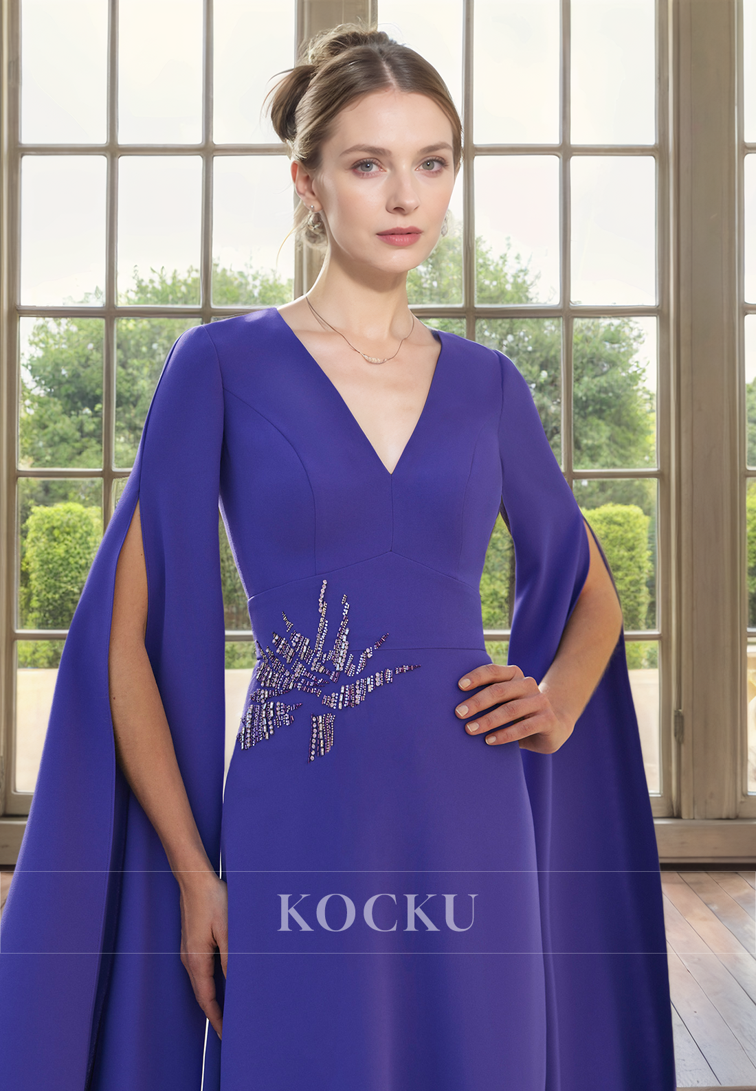 Simple & Casual V-Neck Long sleeves A-Line Embroidery Cocktail Mother of the Bride Dress