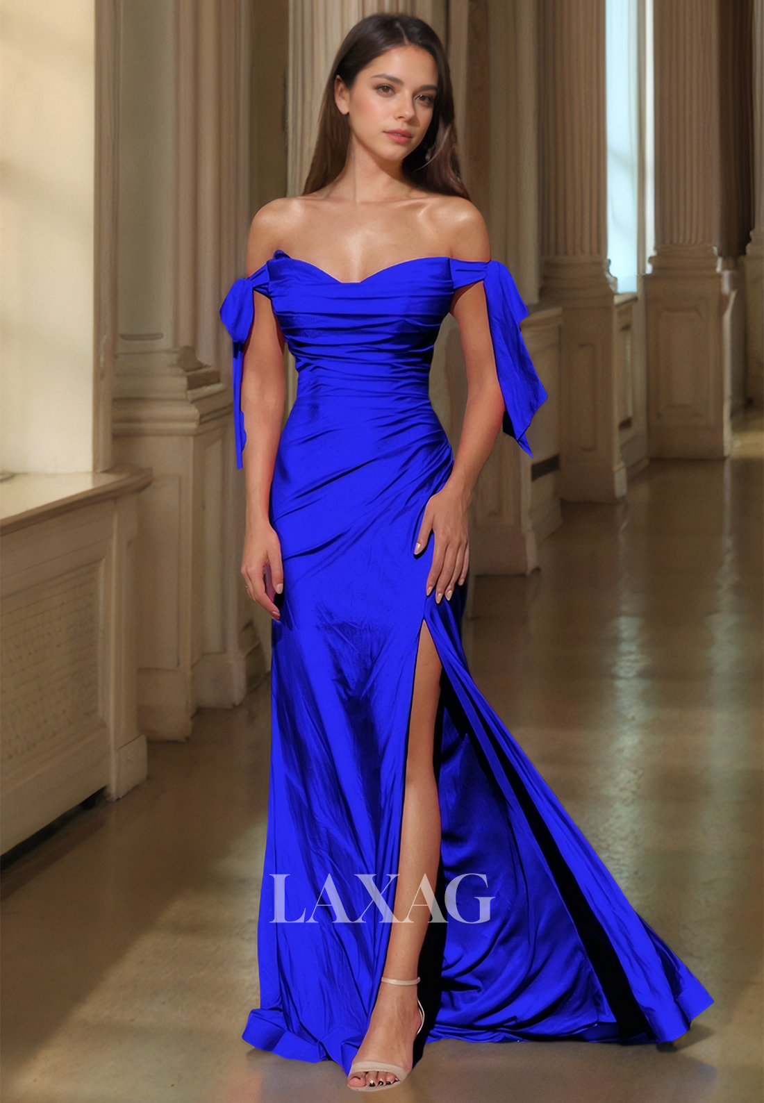 Simple Sweetheart Off-Shoulder Sleeveless Pleated Sweep Train Satin Mermaid Prom Dress with Slit