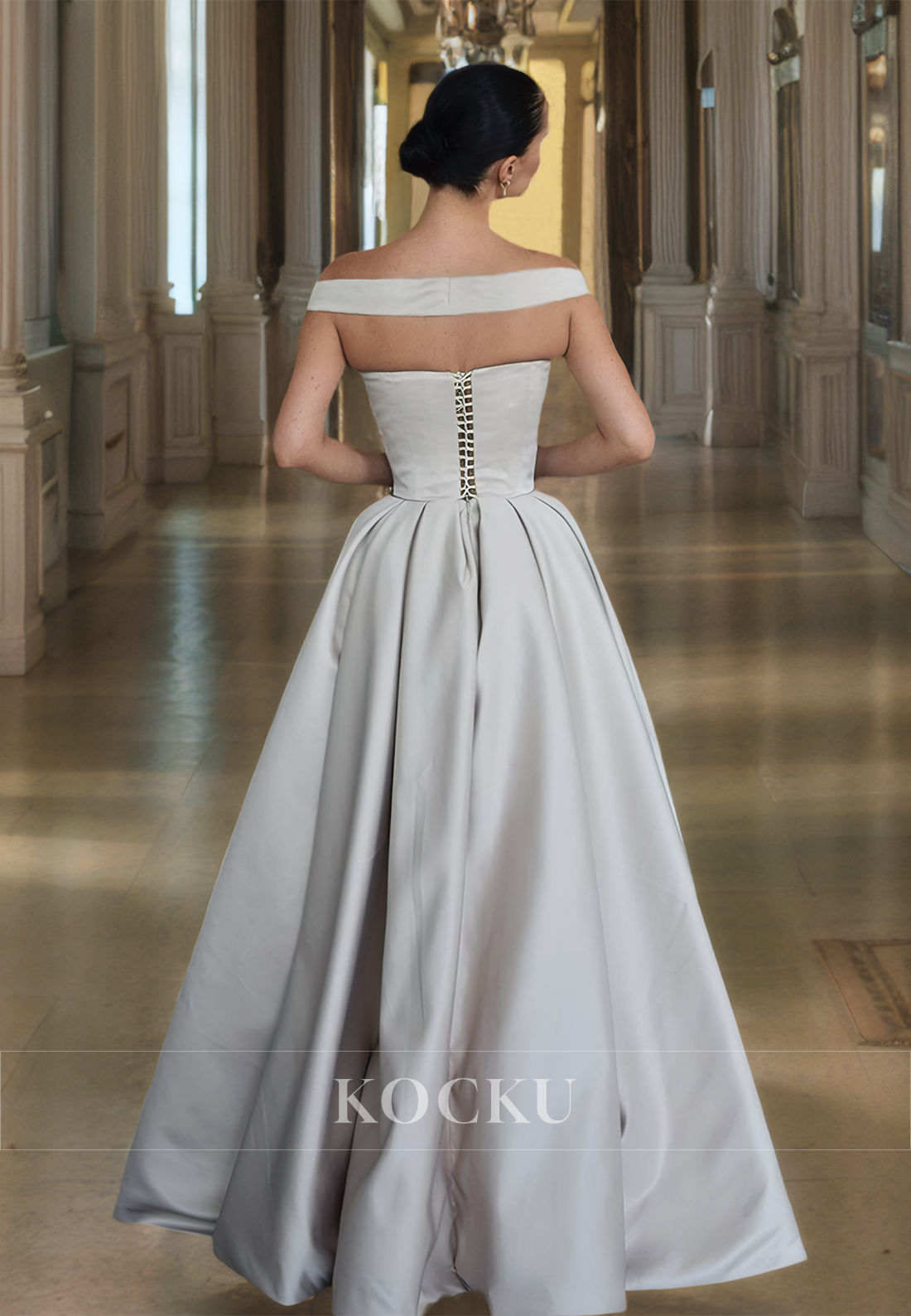 Off-Shoulder A-Line Sweetheart Sleeveless Floor-Length Pleats Satin Prom Dress Formal Gown with Slit