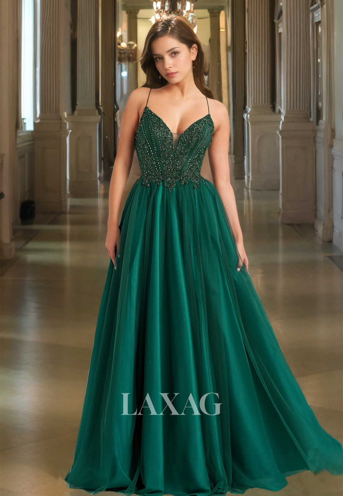 Spaghetti Straps V-Neck Tulle A-Line Prom Dress Sleeveless Beaded Pleated Sheer Formal Gowns