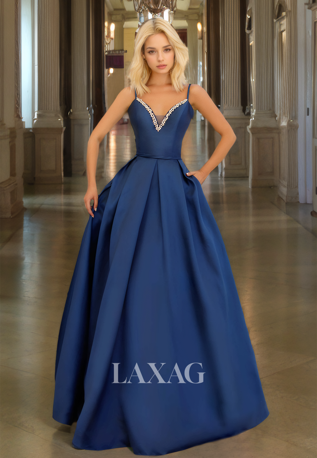 Beaded V-Neck Spaghetti Straps A-Line Party Dress Sleeveless Satin Floor-Length Pleated Prom Dress