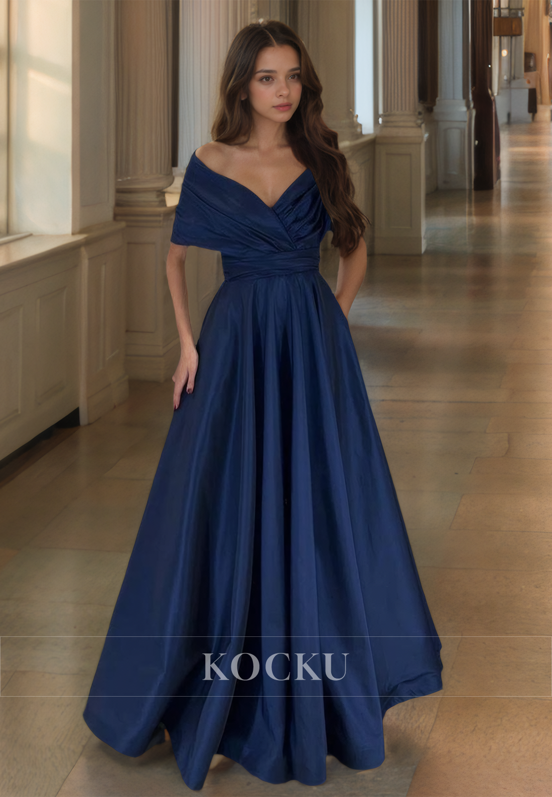 A-Line V-Neck Prom Dress Sleeveless Floor-Length Ruched Satin Formal Gowns with Pleats