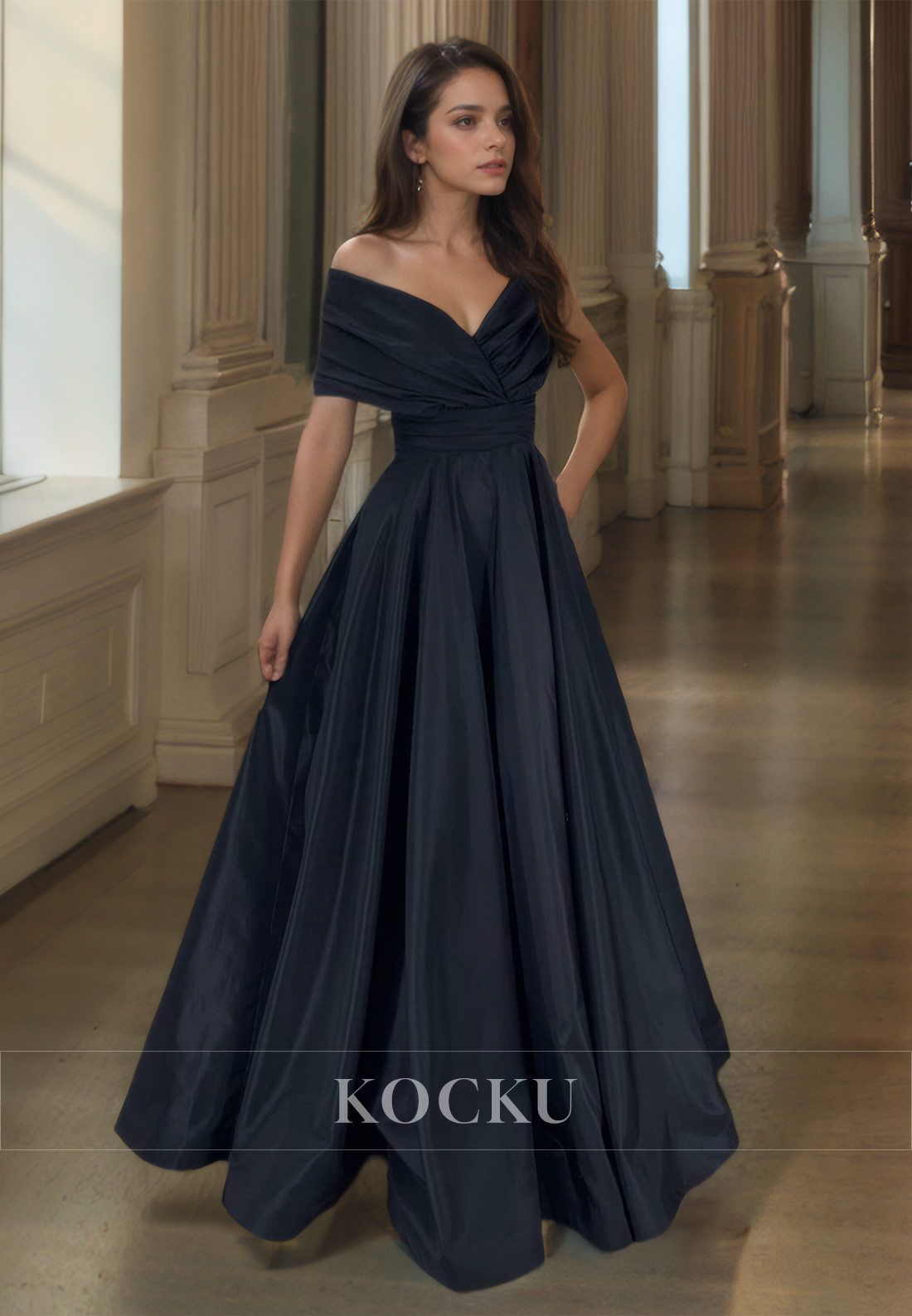 A-Line V-Neck Prom Dress Sleeveless Floor-Length Ruched Satin Formal Gowns with Pleats