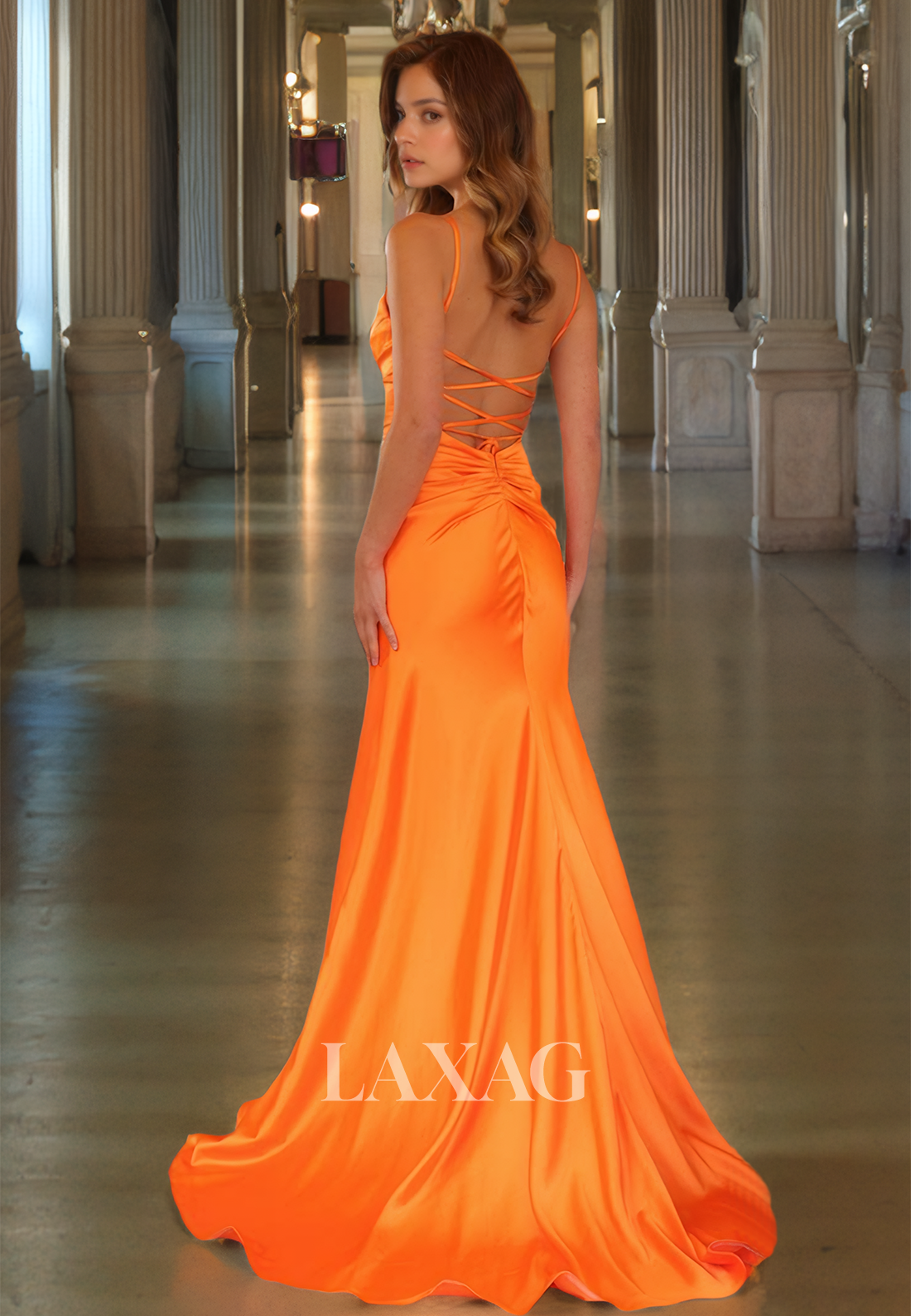 Tube Top Spaghetti Straps Mermaid Formal Gowns Pleated Sleeveless Satin Sweep Train Prom Dress