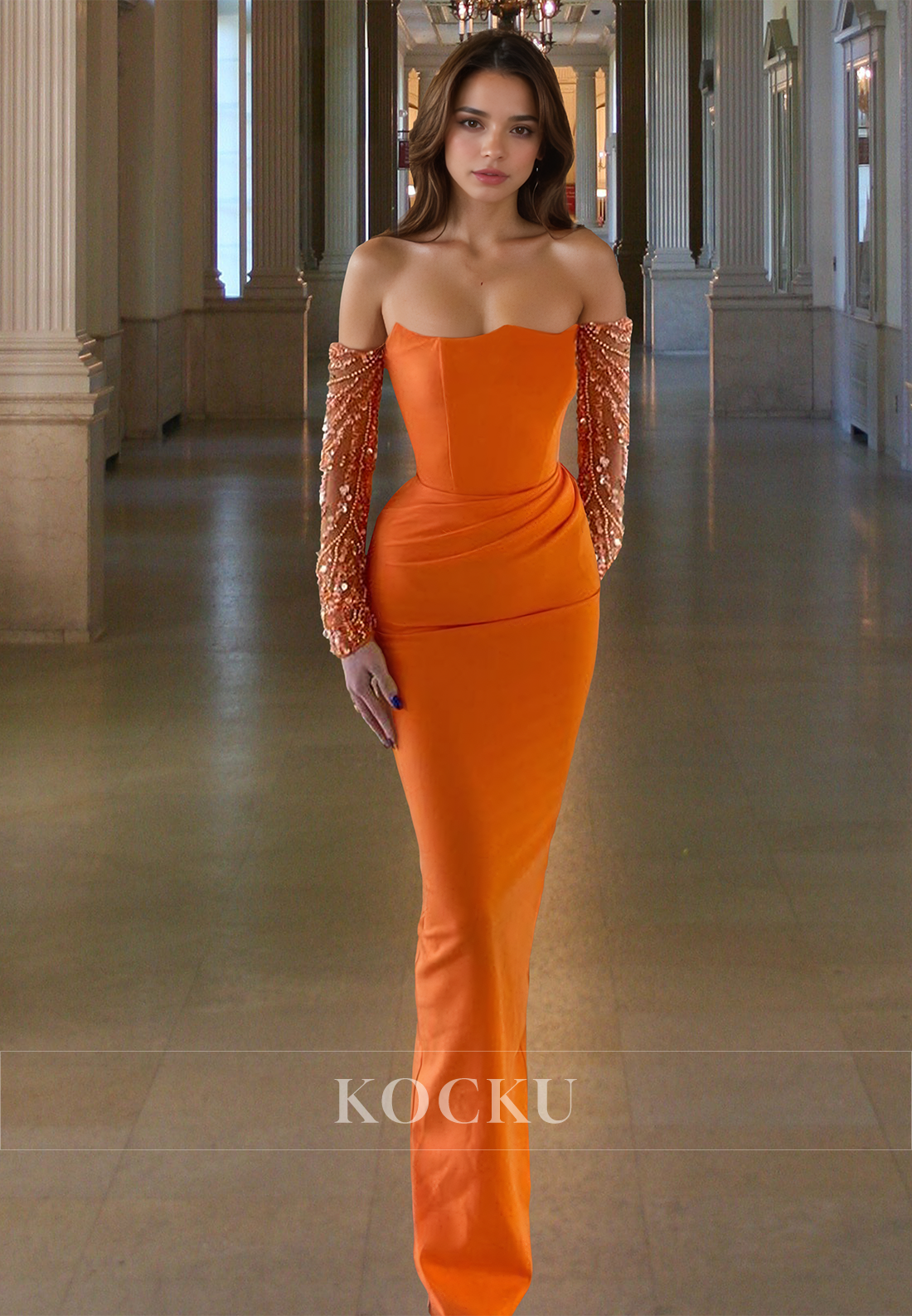 Elegant Tube Top Long Sleeves Fitted Satin Long Prom Formal Party Dress with Beaded