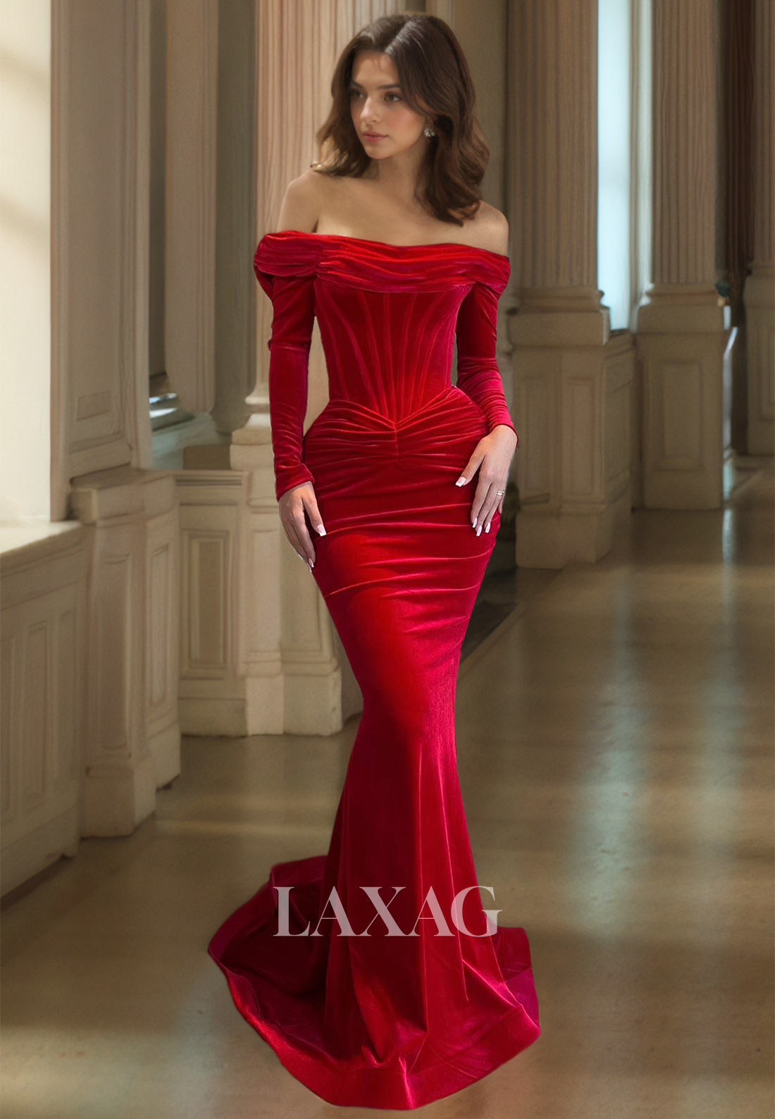 Off-Shoulder Pleated Sweep Train Satin Formal Gowns Tube Top Long-Sleeves Mermaid Prom Dress