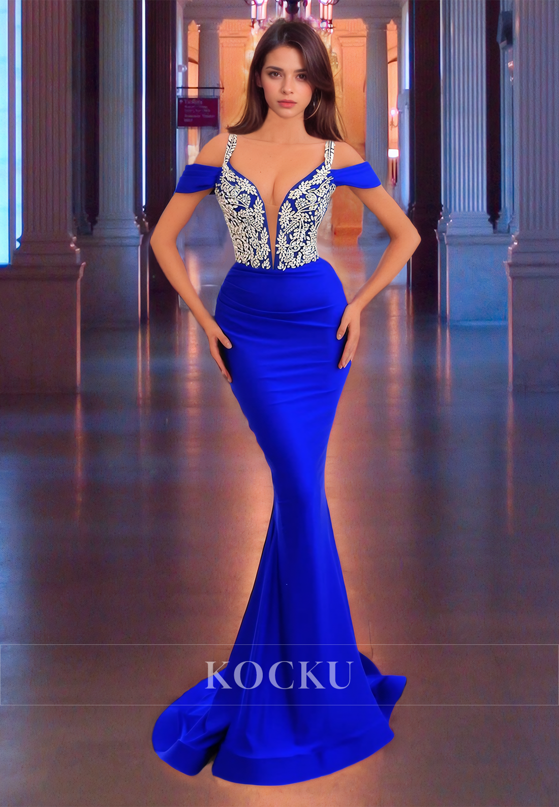 V-Neck Straps Sleeveless Satin Sweep Train Long Prom Formal Dress with Beaded