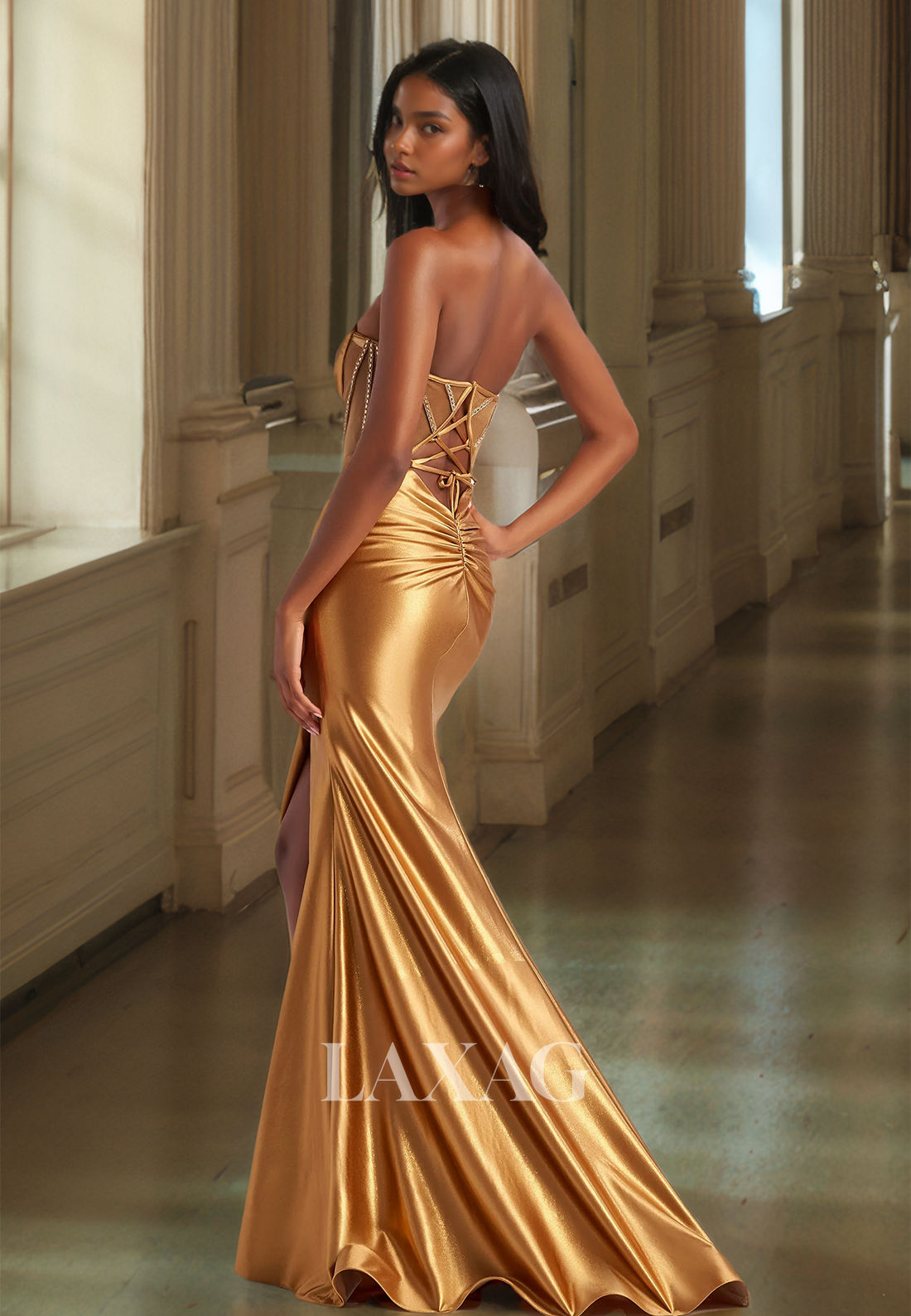 Beaded Sweetheart Sleeveless Mermaid Party Gowns Pleated Floor-Length Prom Dress with High Slit