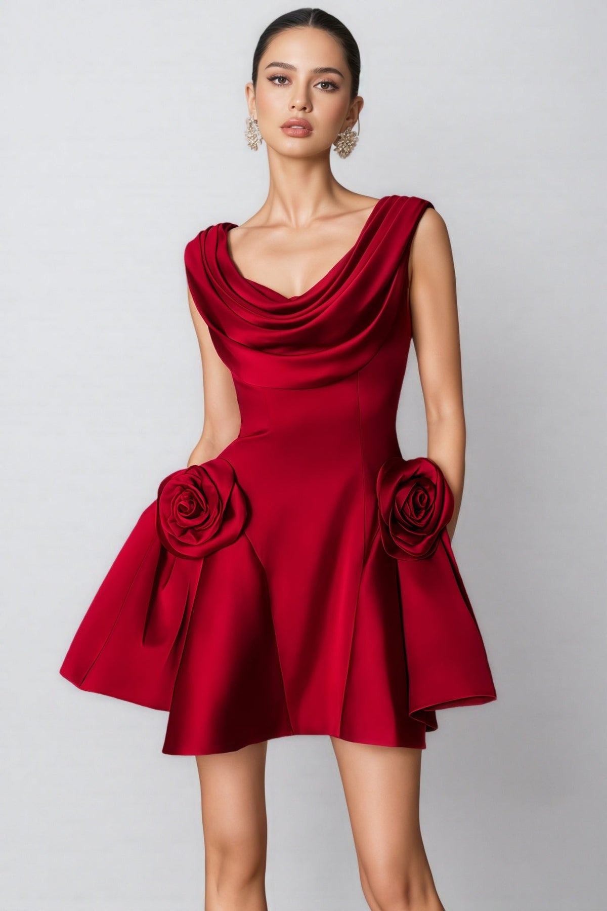 Cowl Neck Sleeveless Rosette Applique Satin Fit and Flare Mini Dress