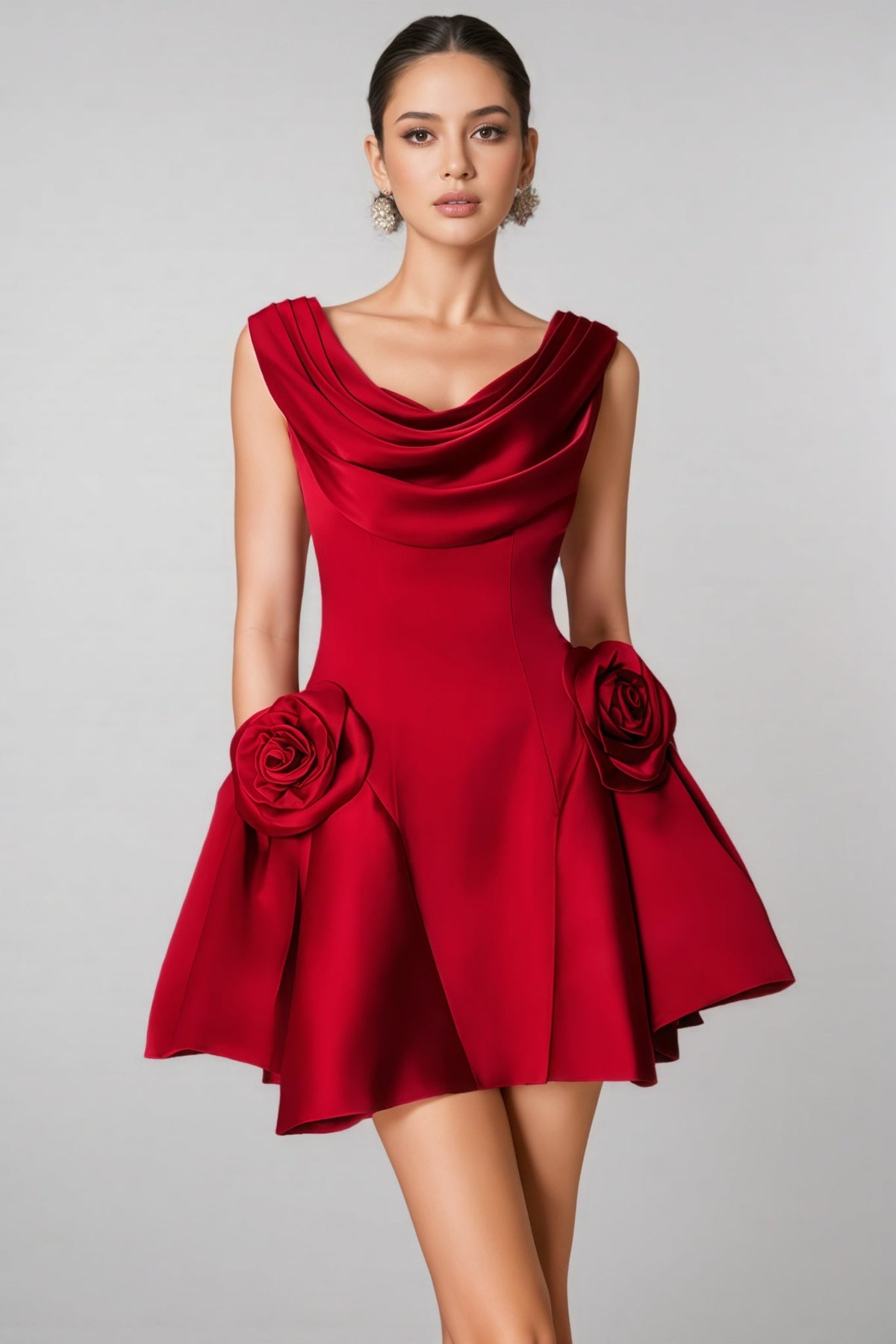 Cowl Neck Sleeveless Rosette Applique Satin Fit and Flare Mini Dress 5