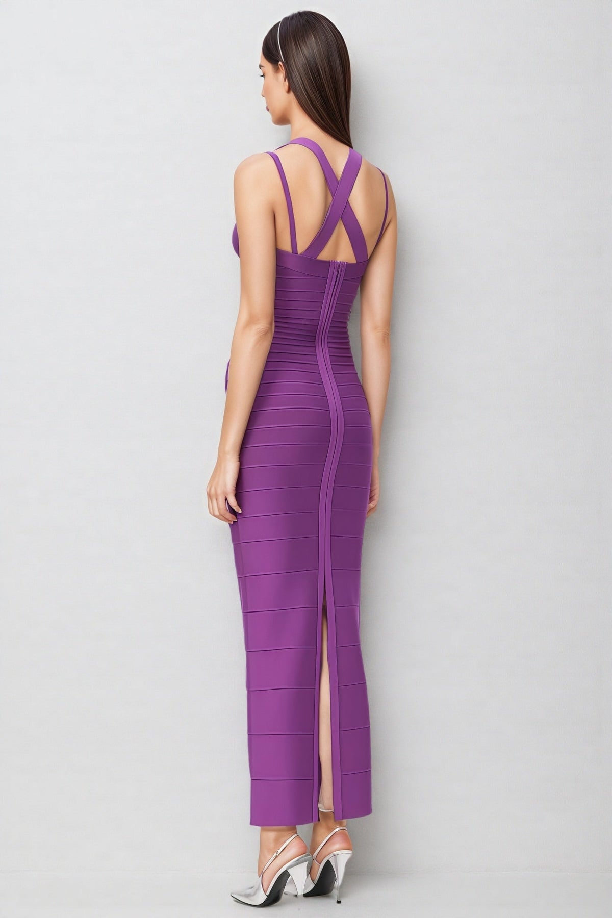 V-Neck Double Strap Sleeveless Bandage Bodycon Maxi Dress 3