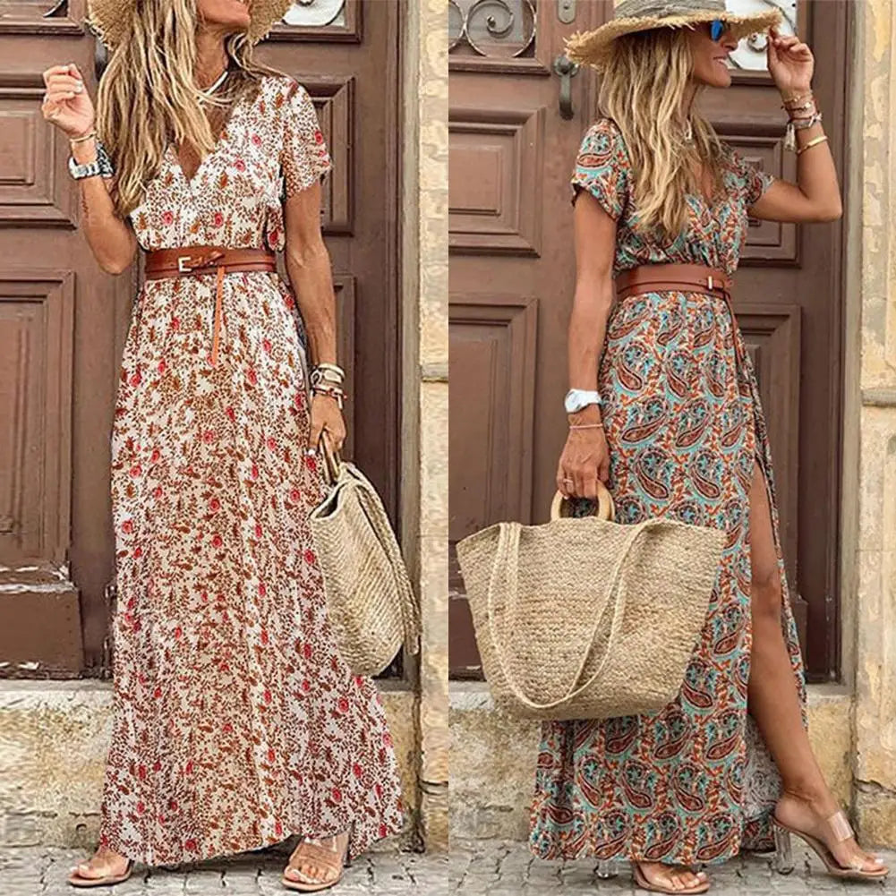 V-Neck Short Sleeve Paisley Print Belted Flowy Maxi Dress
