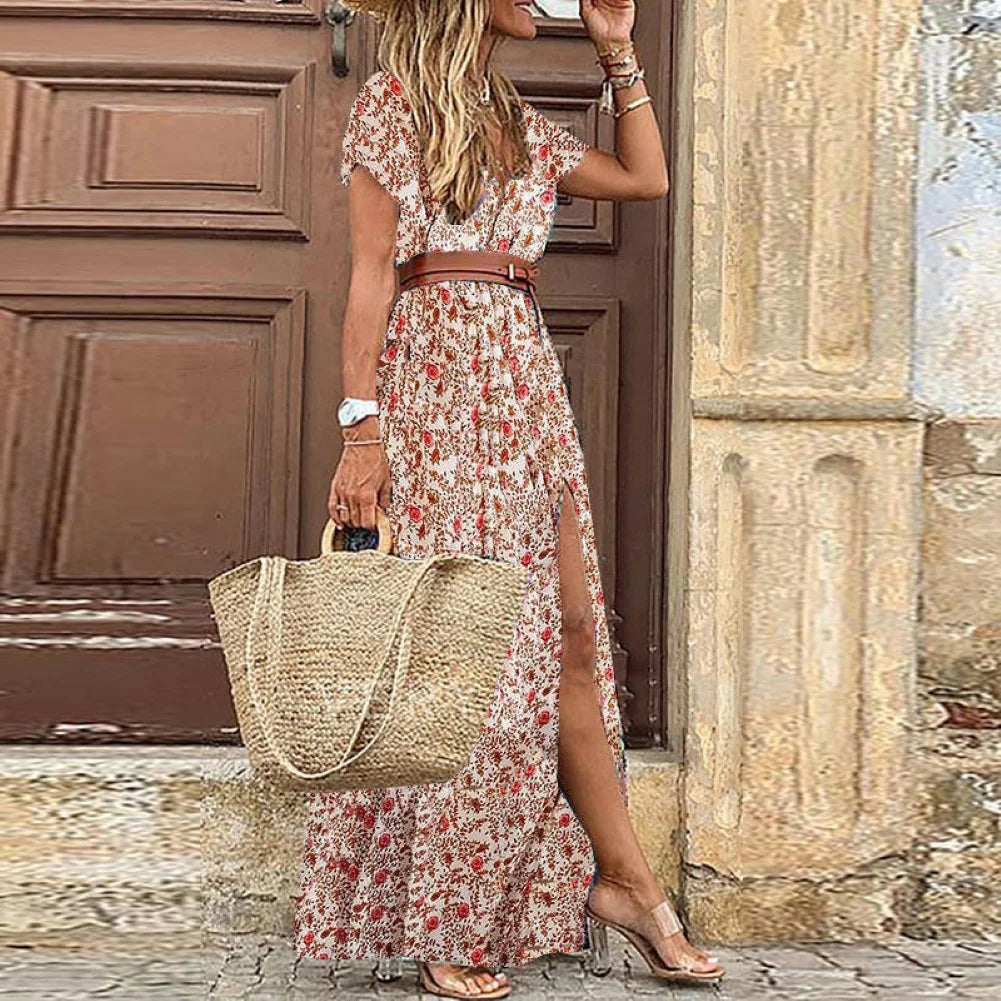 V-Neck Short Sleeve Paisley Print Belted Flowy Maxi Dress