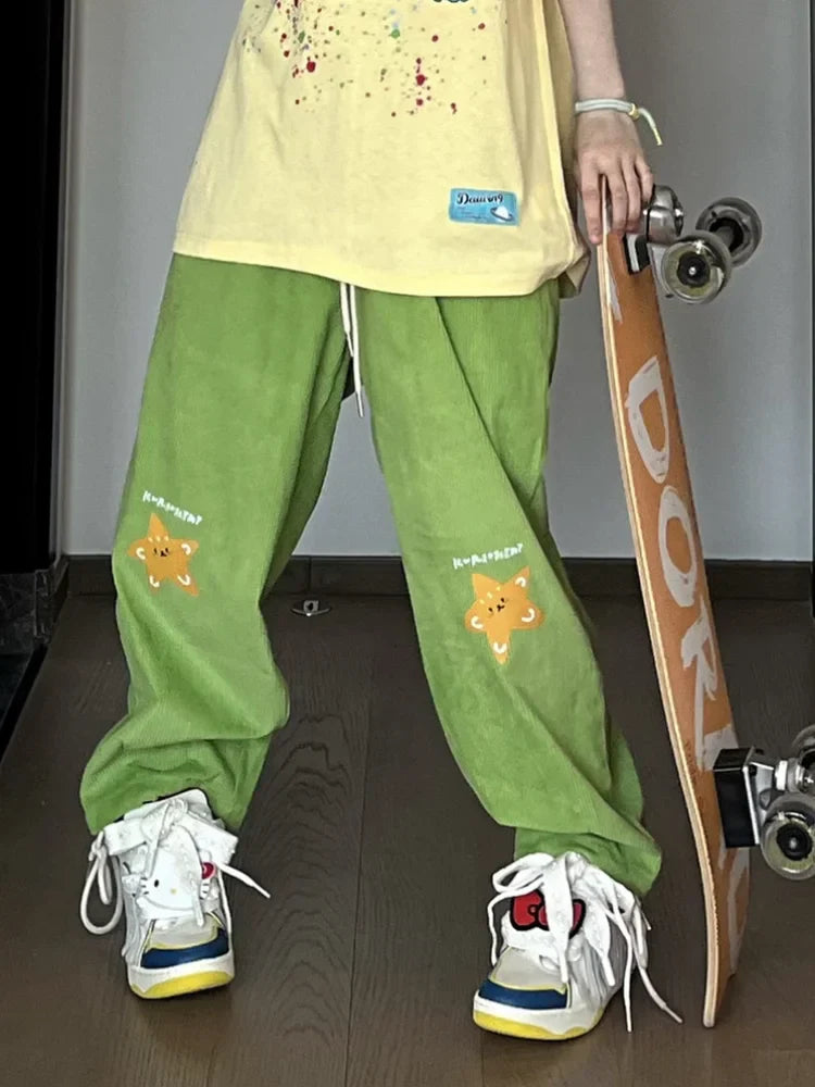 Vintage Hippie Star Print Corduroy Kawaii Green Wide Leg Sweatpants Pant