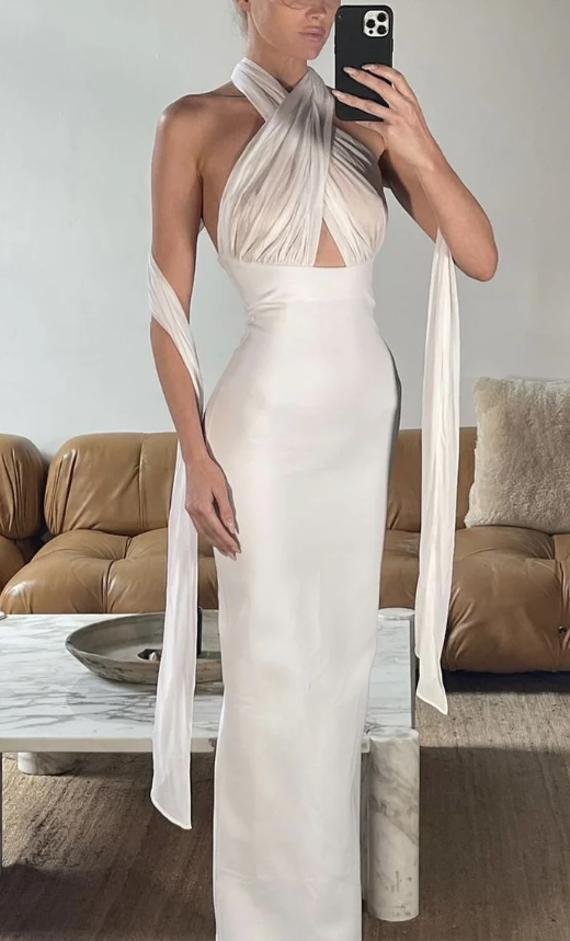 Sexy Halter White Sheath Long Prom Dress Party Dress cc1935