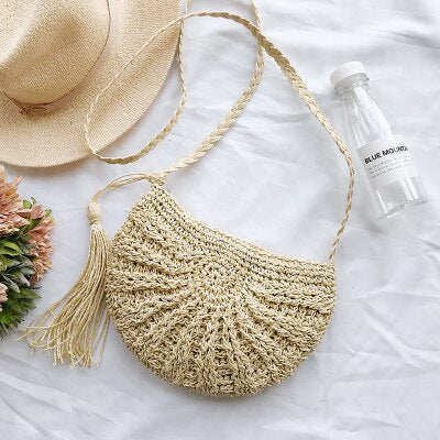 Semicircle Tassel Knitting Straw Bag