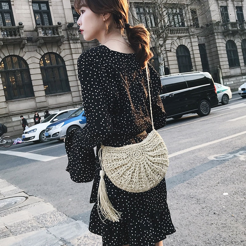 Semicircle Tassel Knitting Straw Bag