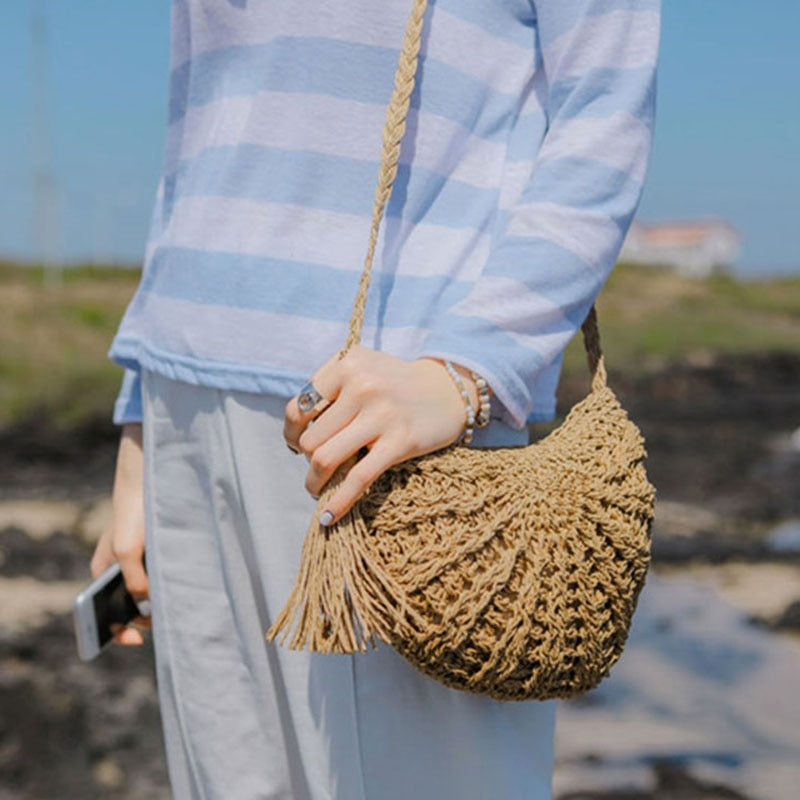 Semicircle Tassel Knitting Straw Bag