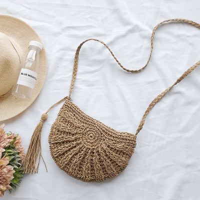 Semicircle Tassel Knitting Straw Bag