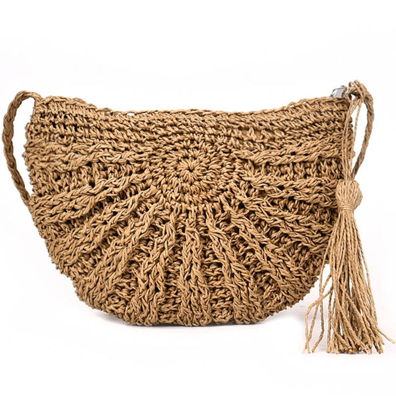 Semicircle Tassel Knitting Straw Bag