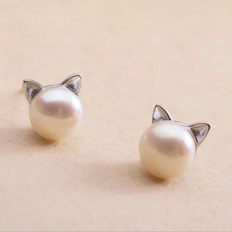 Faux Pearl Cat Ear Stud Earrings