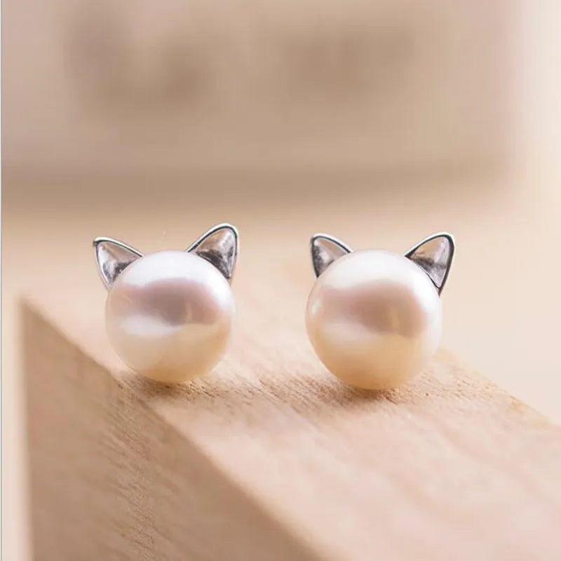Faux Pearl Cat Ear Stud Earrings