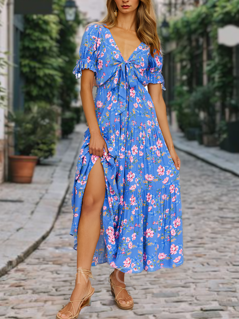 Floral V-Neck Short Sleeve Tie Front High Split Maxi Dress
