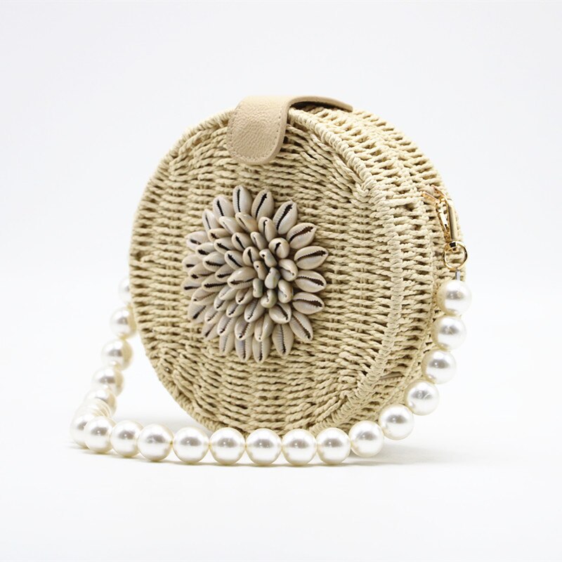 Round Shell Pearl Woven Straw Bag