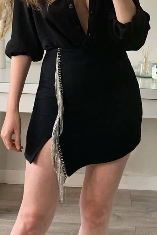Rhinstone Tassels Slit Skirts