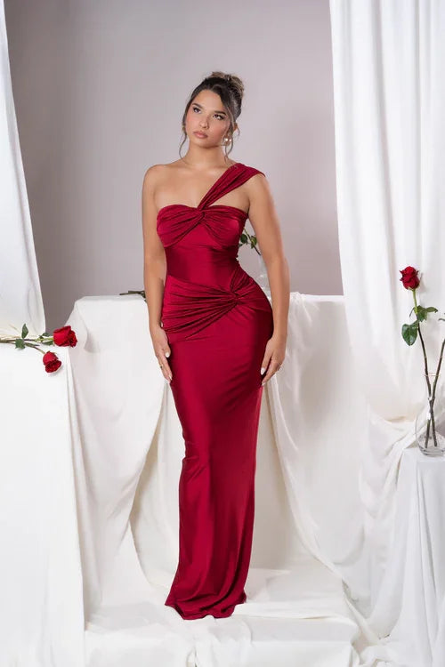 Sexy One-Shoulder Wrapped Chest Slim Pleated Dress