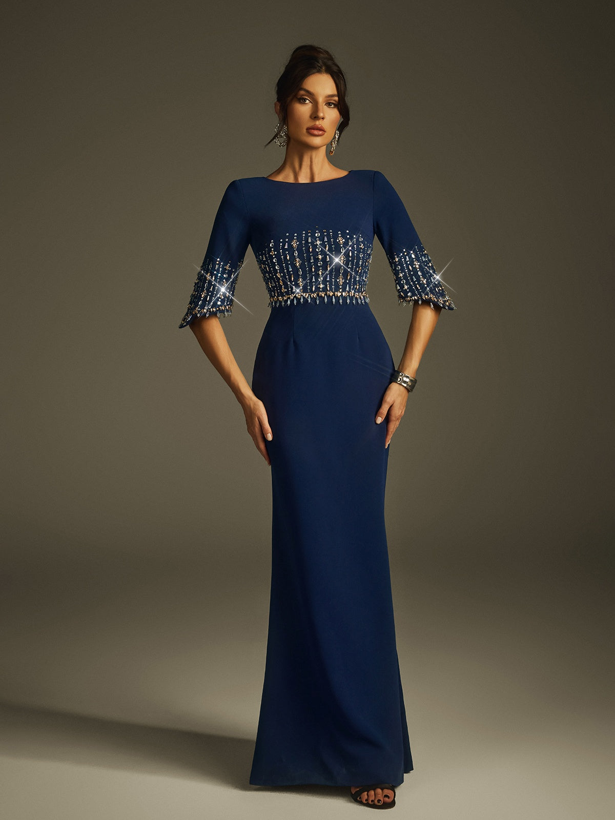 Boat Neck Half Sleeve Rhinestone Beaded Waist Column Maxi Gown