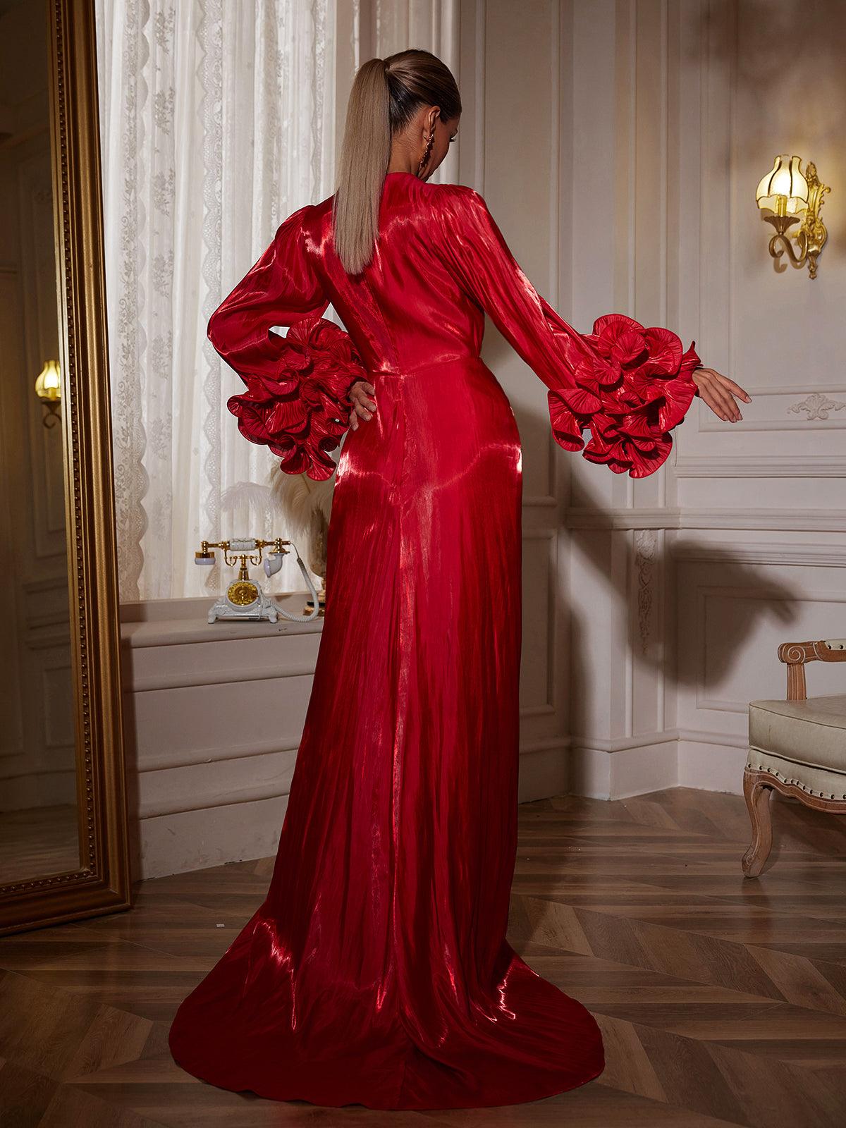 Long Sleeve Ruched Split Maxi Dress