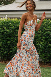 Halter Neck Floral Ruched High Split Maxi Dress 2