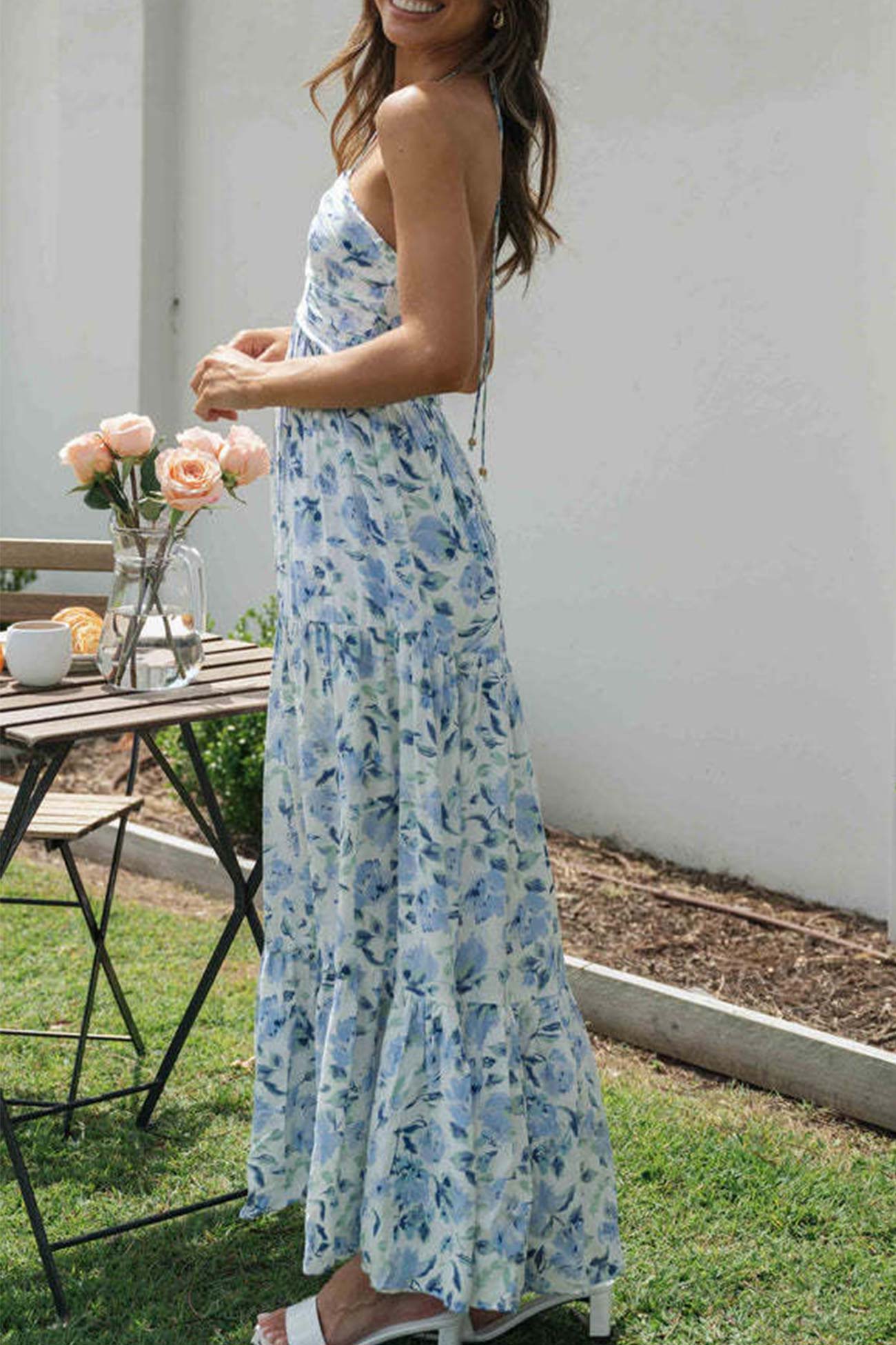 Halter Neck Floral Ruched High Split Maxi Dress 8