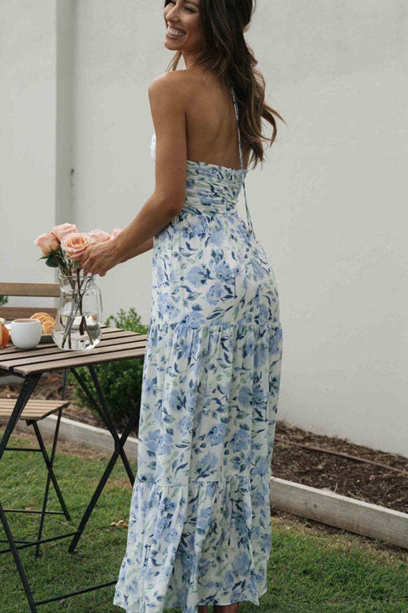 Halter Neck Floral Ruched High Split Maxi Dress 9