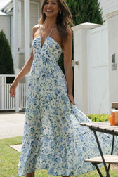 Halter Neck Floral Ruched High Split Maxi Dress 6