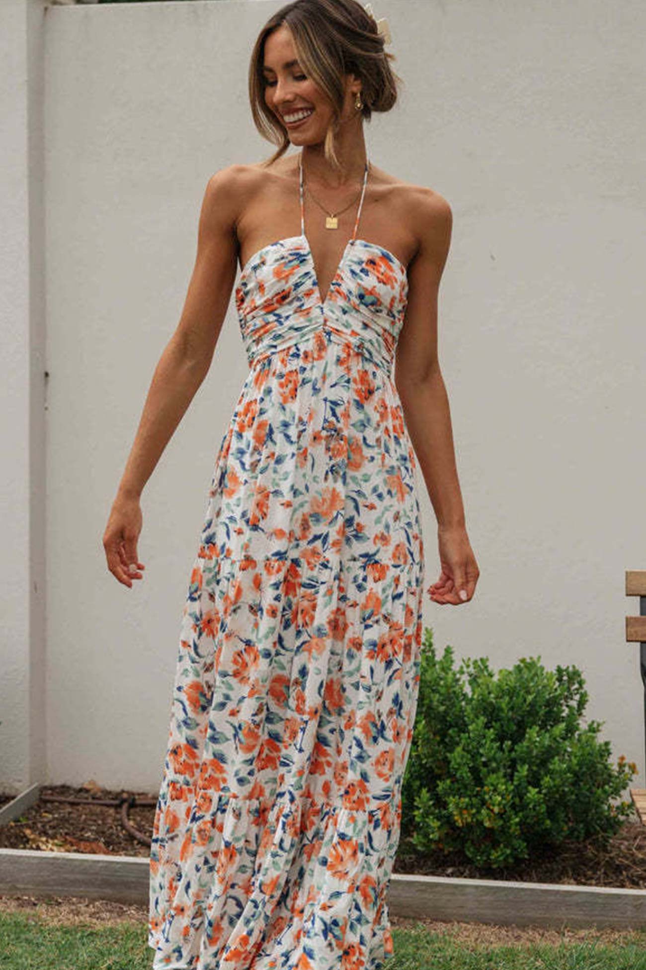 Halter Neck Floral Ruched High Split Maxi Dress 3