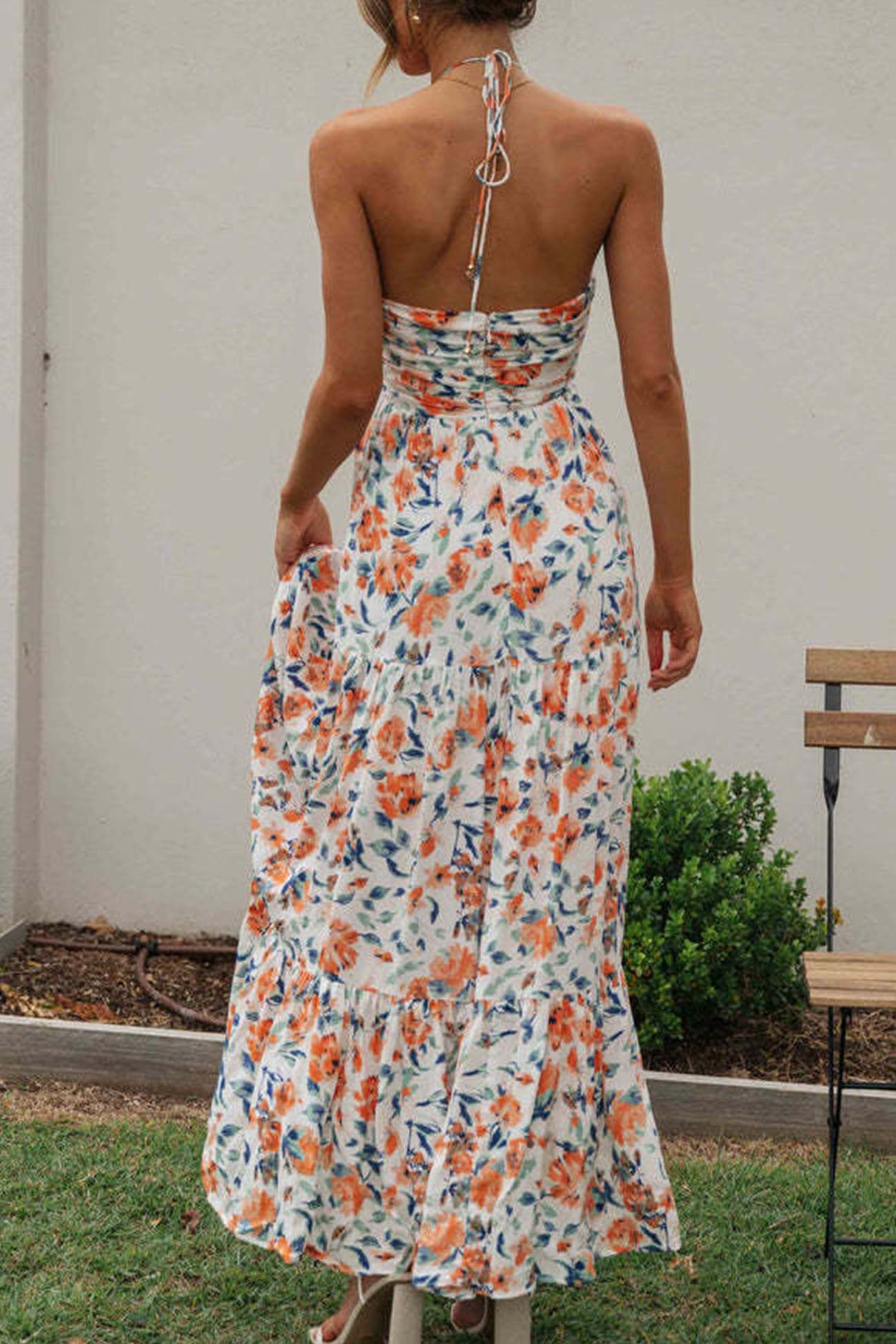 Halter Neck Floral Ruched High Split Maxi Dress 4