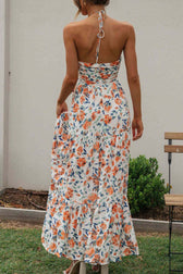 Halter Neck Floral Ruched High Split Maxi Dress 4