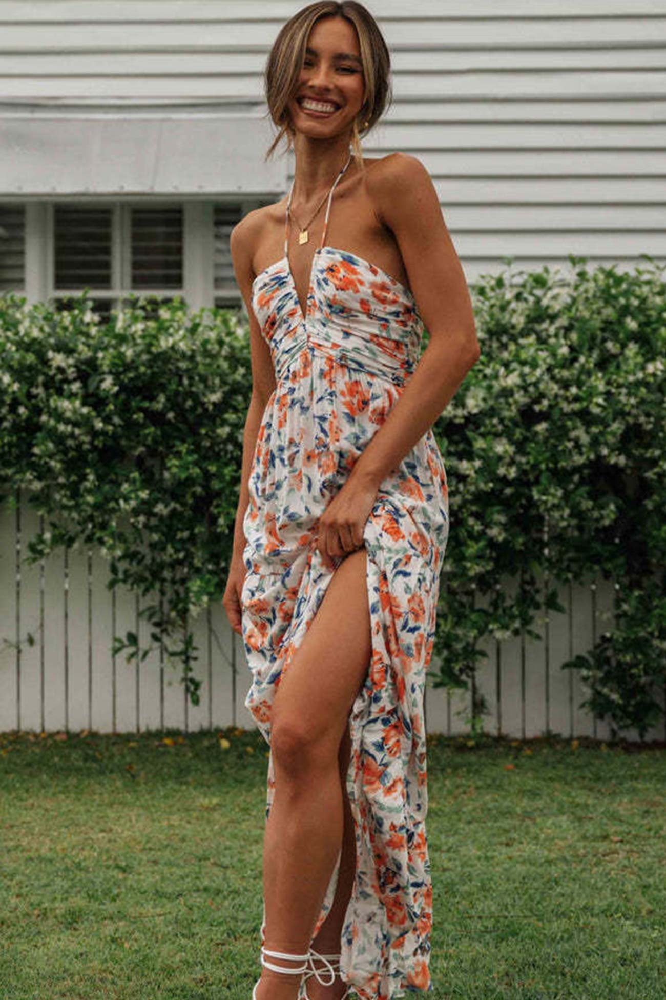 Halter Neck Floral Ruched High Split Maxi Dress