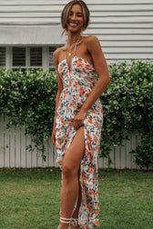 Halter Neck Floral Ruched High Split Maxi Dress