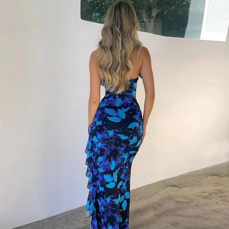 Halter Neck Lace Up Front Ruffle High Split Printed Maxi Dress 3